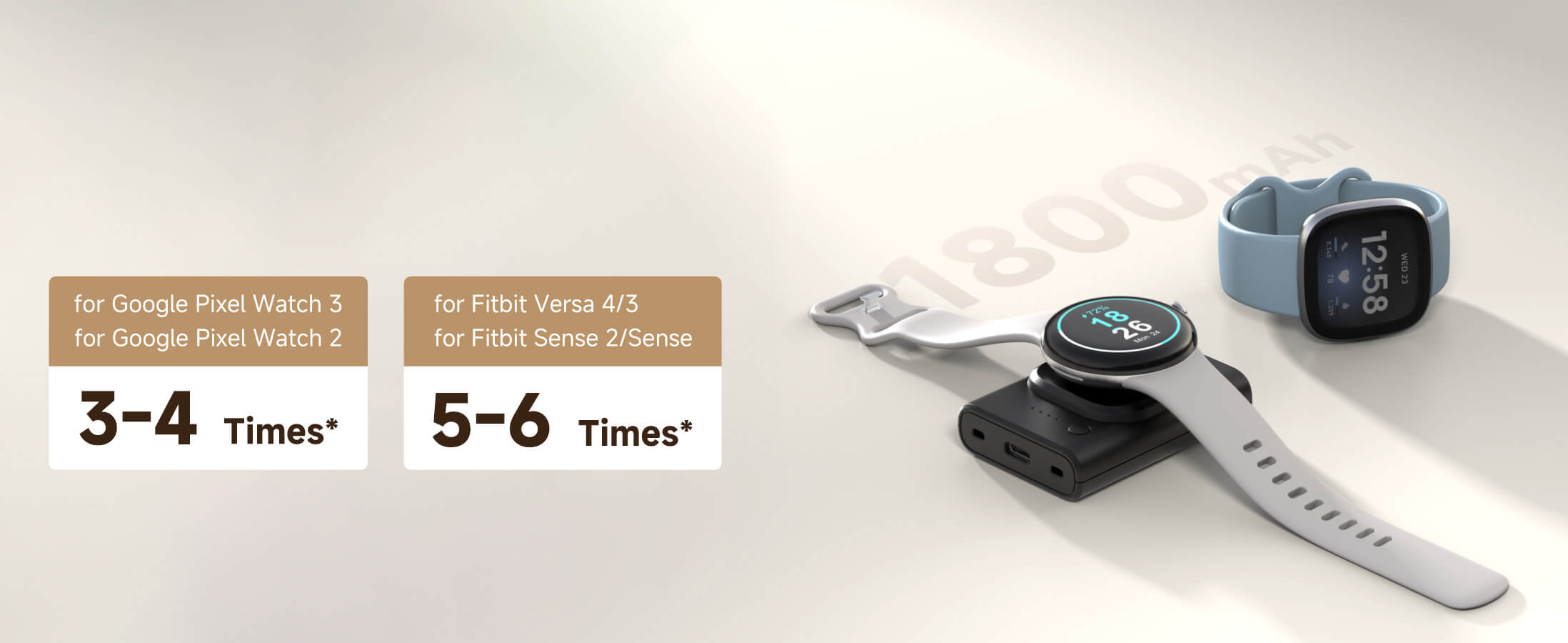 A Pixel Watch and a Fitbit Watch charging on SwanScout charger