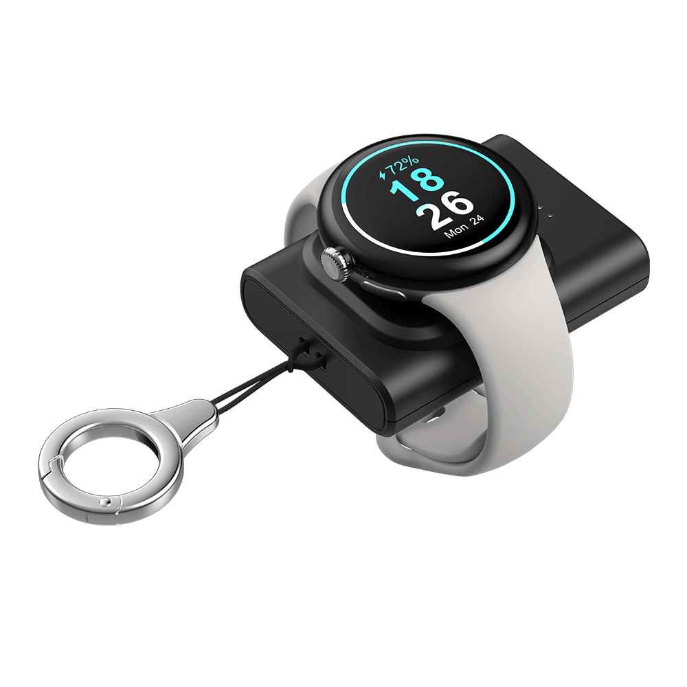 Top-right view of SwanScout 305G2 fully charging a Pixel Watch 2 in just 60 minutes with its integrated charging pins.