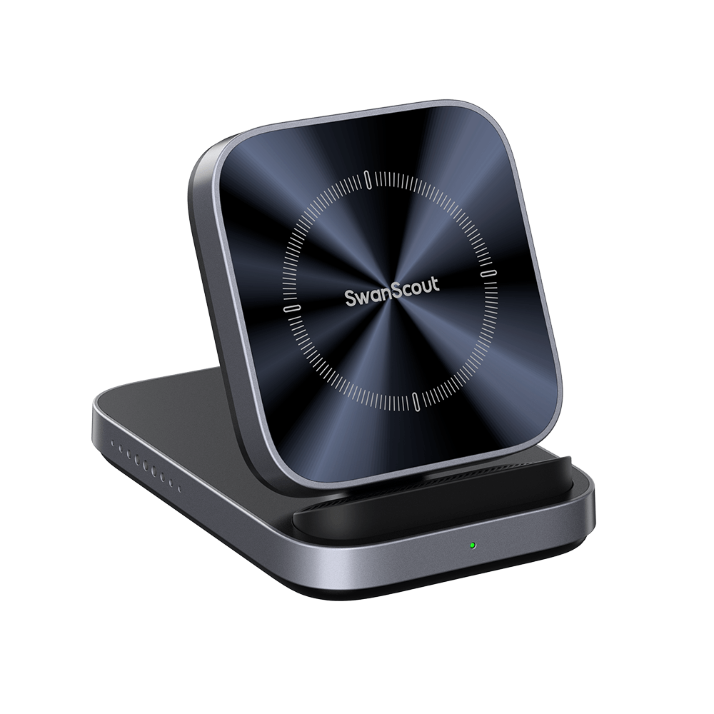 Front-left view of SwanScout 508 showcasing the premium tech-gray finish and refined CD-pattern detailing for a modern look.