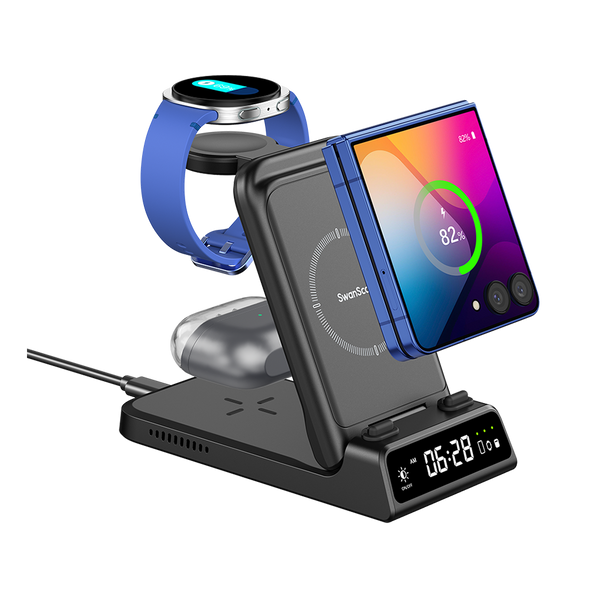 SwanScout 703F charging station simultaneously powering a Samsung Galaxy Z Flip 7, Galaxy Watch Ultra, and Buds 3 Pro with an integrated digital clock.