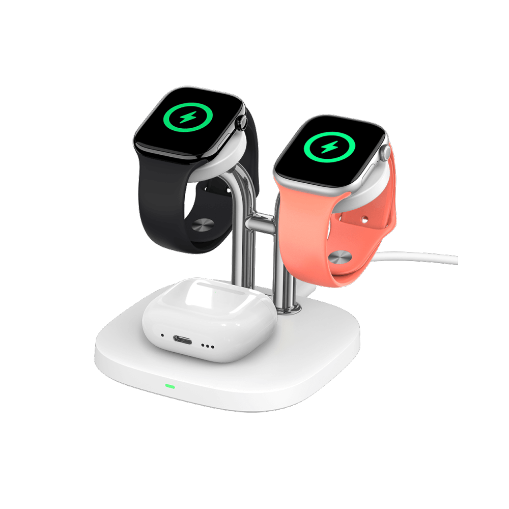 White SwanScout 704A dual iWatch wireless charger, supporting Apple Watch Ultra 2 and Series 9 while providing a clutter-free bedside charging solution.