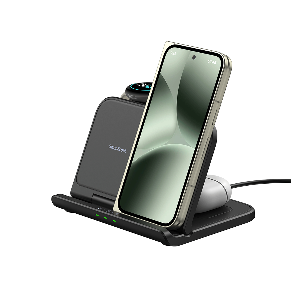SwanScout 705G 25W wireless charging station powering a Google Pixel 9 Pro Fold, Pixel Watch 1, and Pixel Buds Pro 2 simultaneously.