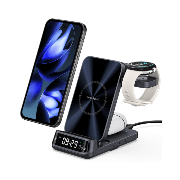 SwanScout 708G2 3-in-1 charging station powering a Google Pixel 9 Pro, Pixel Watch 3, and Pixel Buds Pro 2 with a curved LED clock.