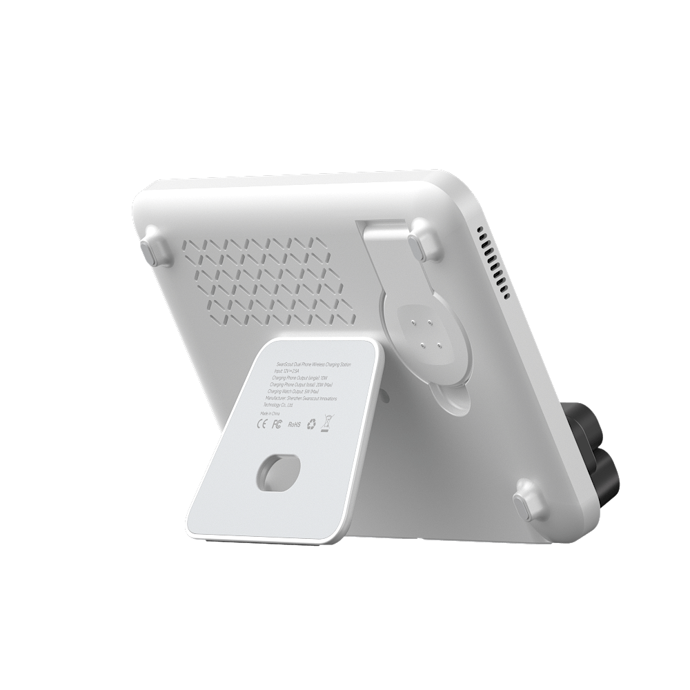 Rear-right view of the foldable SwanScout 710FG2, designed for compact travel and featuring a dedicated charging dock for Pixel Watch 3/2.