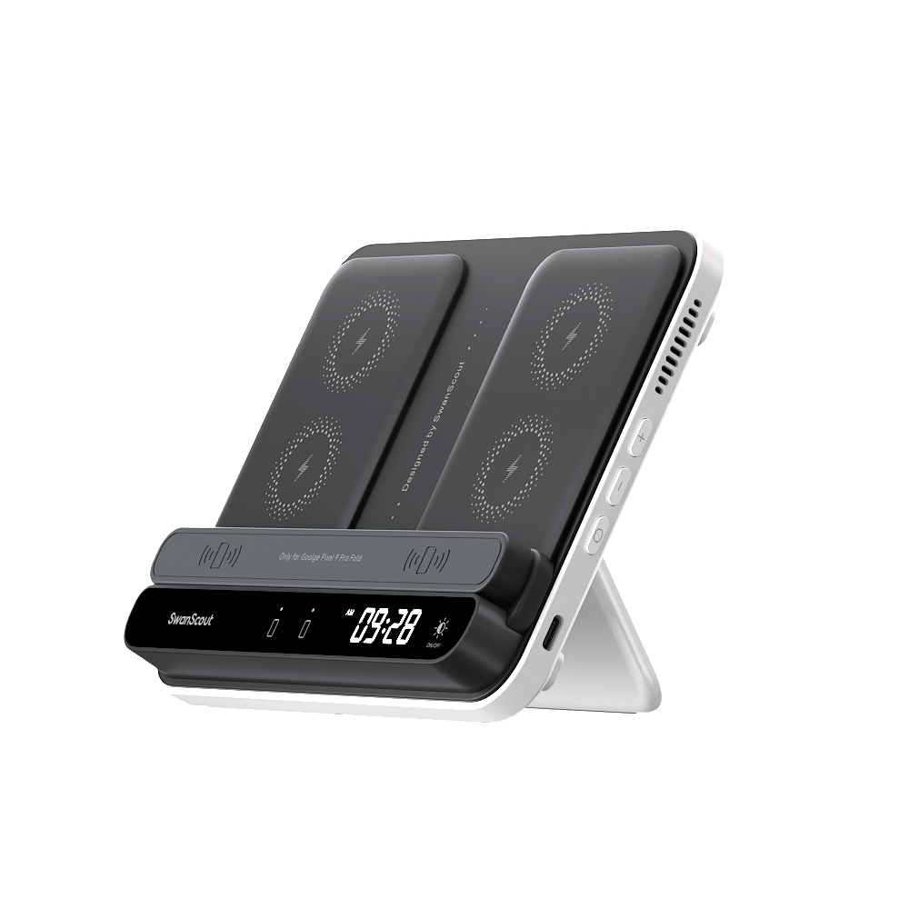 Front-right view highlighting the 75-minute fast charging for Pixel Watch 3 and the touch-control clock with 4 adjustable brightness levels.