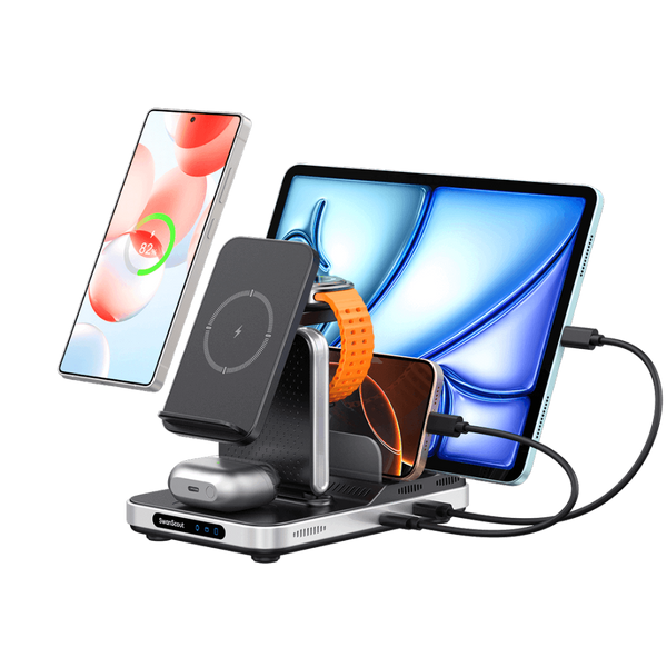 SwanScout 901S 5-in-1 wireless charging station with 60W total power, simultaneously charging a Samsung phone, Galaxy Watch, earbuds, and tablet.