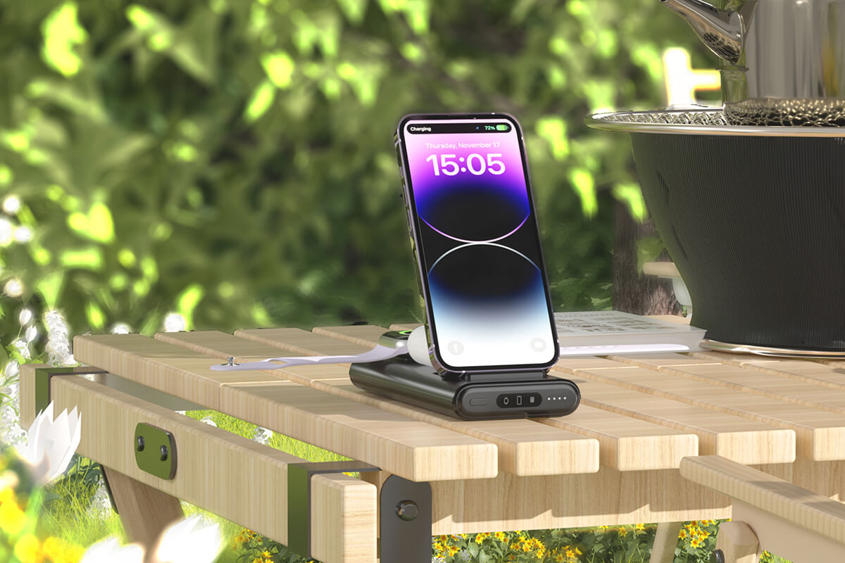 Charging Station for Apple Devices: Portable Design with 3 in 1 Power Bank and Wireless Charging Station, featuring a 10000mAh Large Capacity Battery and USB-C Port for Input and Output. The unique SwanScout 301A Charging Station is designed for portability and speed, ensuring your Apple devices are powered up wherever you go.