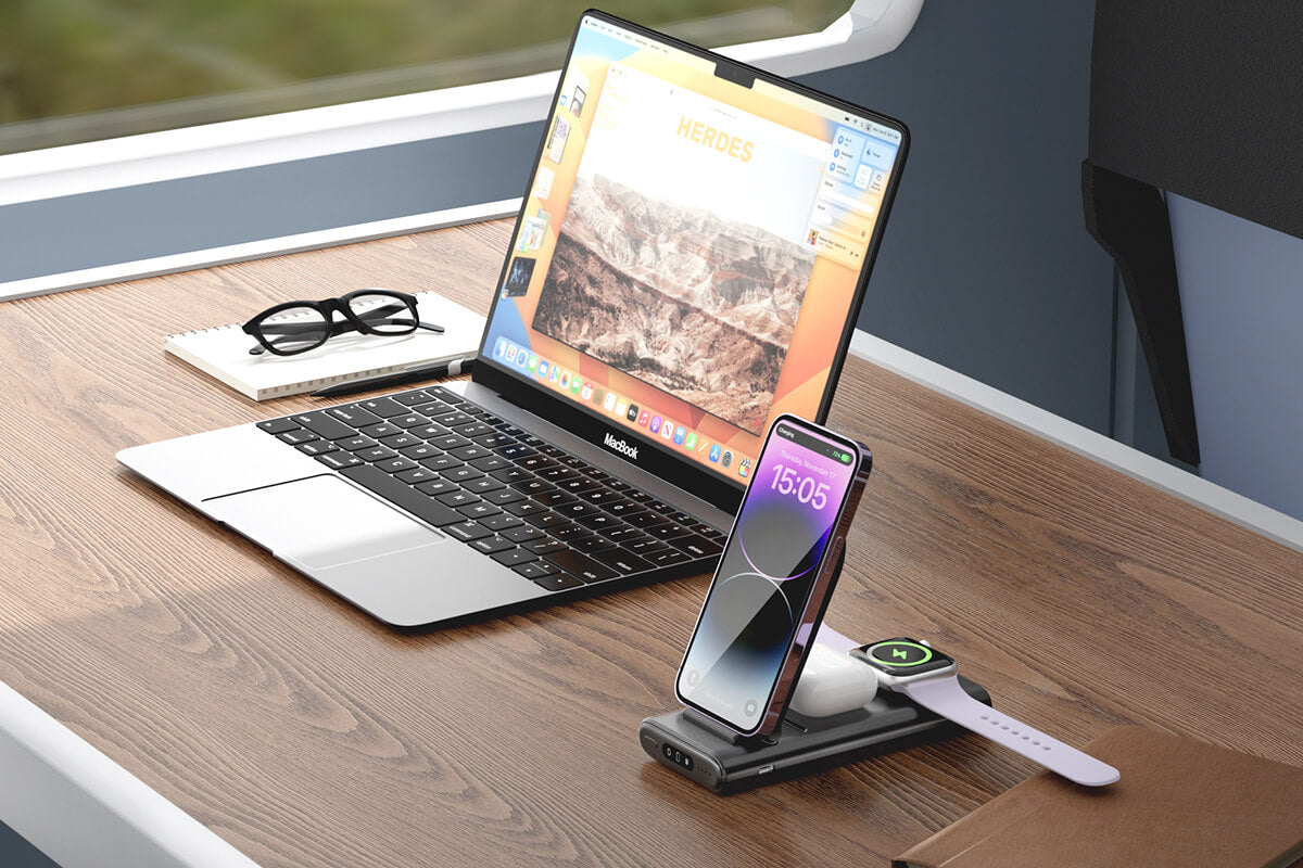 Charging Station for Apple Devices: Portable Design with 3 in 1 Power Bank and Wireless Charging Station, featuring a 10000mAh Large Capacity Battery and USB-C Port for Input and Output. The unique SwanScout 301A Charging Station is designed for portability and speed, ensuring your Apple devices are powered up wherever you go.