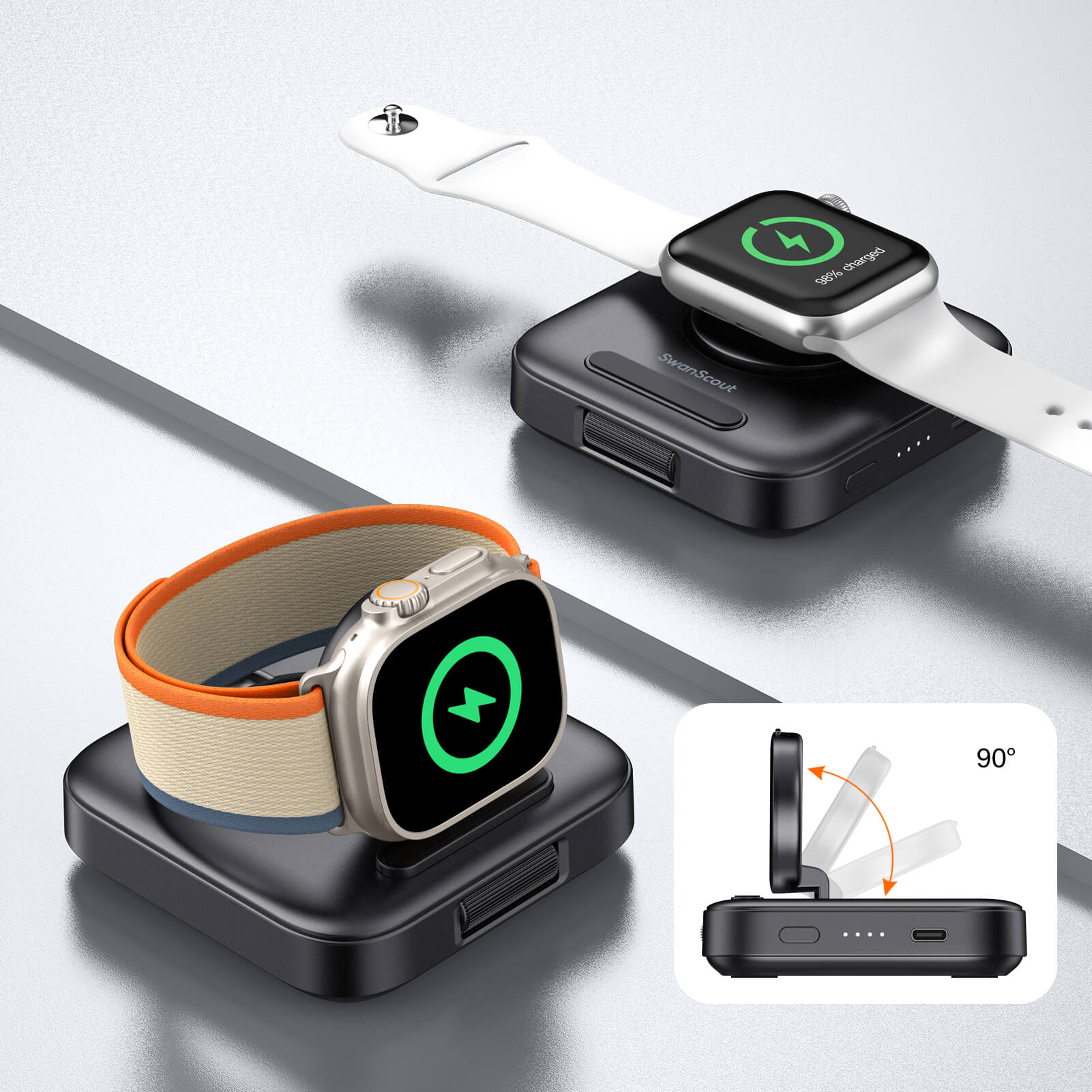 Charging Station for Apple Watch: Foldable & Portable Design, Safe Charging, Case Friendly, with Intelligent LED Indicator. The SwanScout Charging Station for Apple Watch is designed for on-the-go power and speed, ensuring your Watch devices stay charged wherever you are.