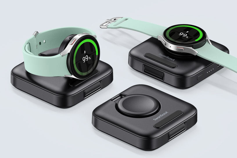 Charging Station for Samsung Galaxy Watch: Foldable & Portable Design, Safe Charging, Case Friendly, with Intelligent LED Indicator. The SwanScout Charging Station for Samsung Galaxy Watch is designed for on-the-go power and speed, ensuring your Watch stays charged wherever you are.