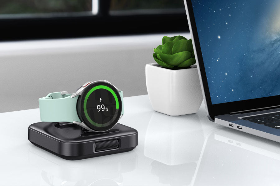 Charging Station for Samsung Galaxy Watch: Foldable & Portable Design, Safe Charging, Case Friendly, with Intelligent LED Indicator. The SwanScout Charging Station for Samsung Galaxy Watch is designed for on-the-go power and speed, ensuring your Watch stays charged wherever you are.