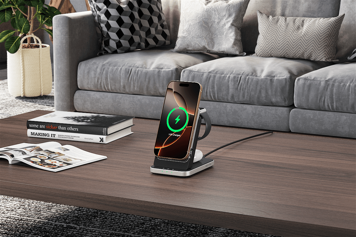 The wireless MagSafe charger ensures fast, convenient charging for your devices with a secure magnetic connection.