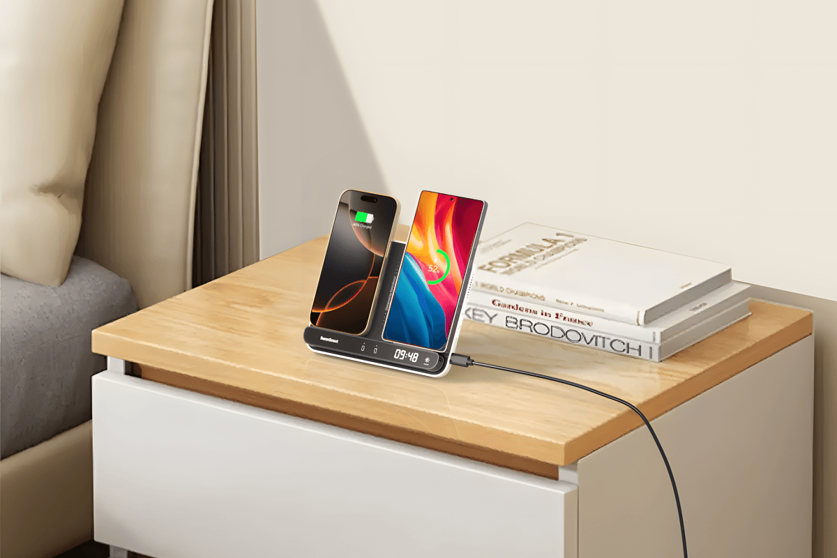 A multi-device wireless charger ensures that your phone, earbuds, and smartwatch are powered up simultaneously without clutter.