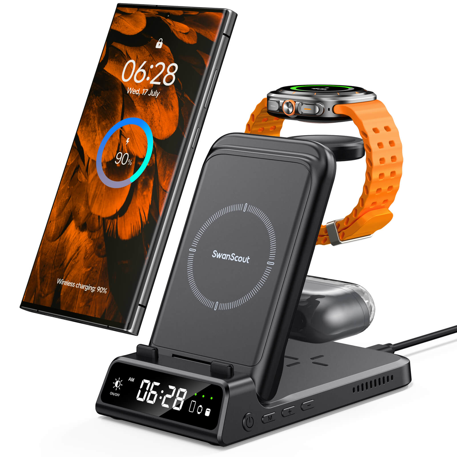 SwanScout 703S - شاحن لاسلكي 3 في 1 لسامسونج