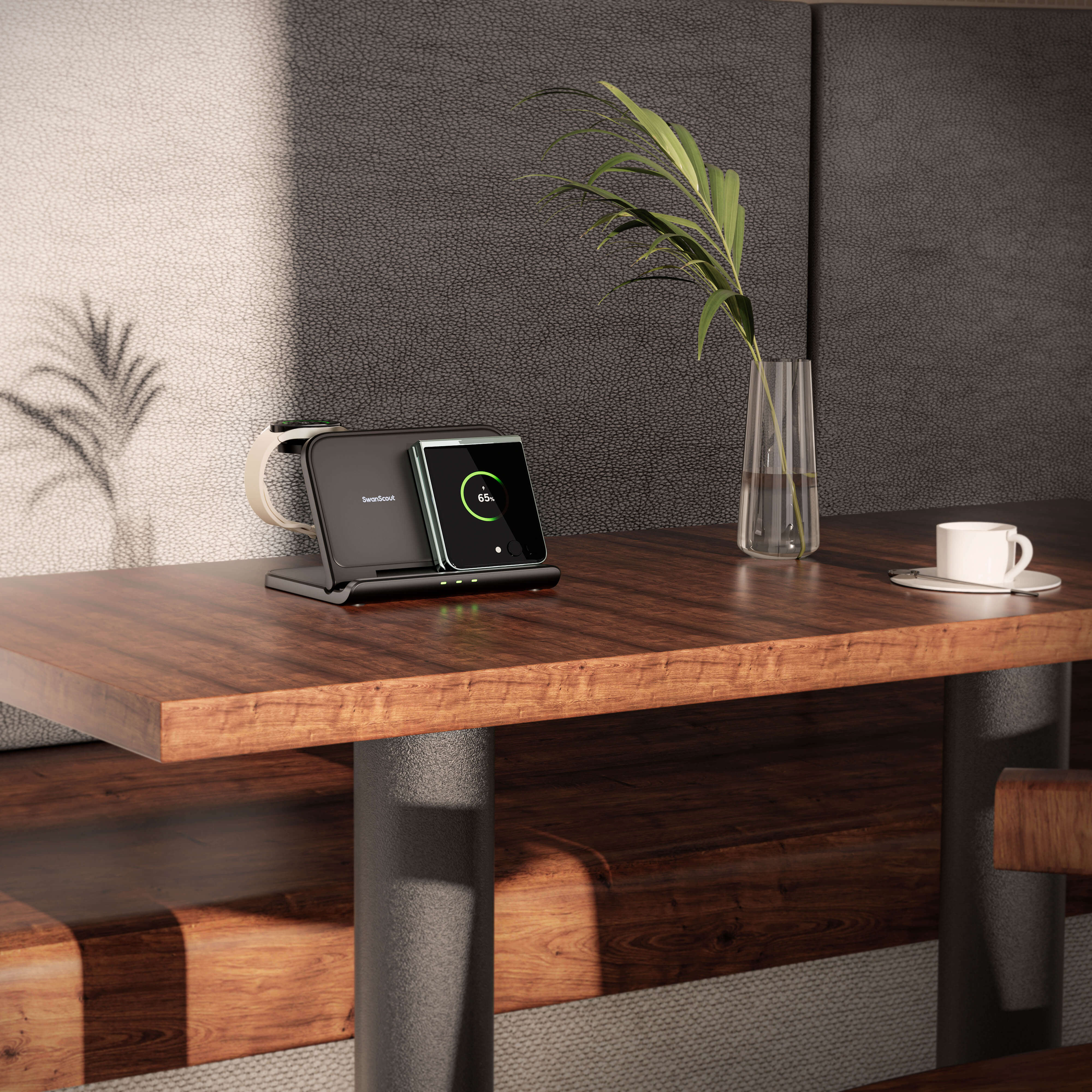 SwanScout 705S is a Three-Coil 3-in-1 Wireless Charger specially engineered to efficiently charge Samsung devices. It boasts the ability to charge multiple devices simultaneously while offering robust functionality. Additionally, its foldable and portable design enhances convenience for on-the-go usage.