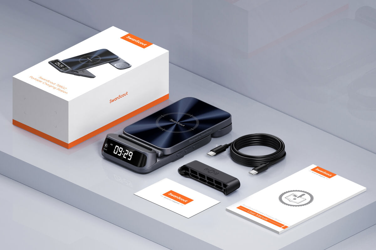 Full product packaging of SwanScout 708G2 3-in-1 Pixel wireless charger with accessories included