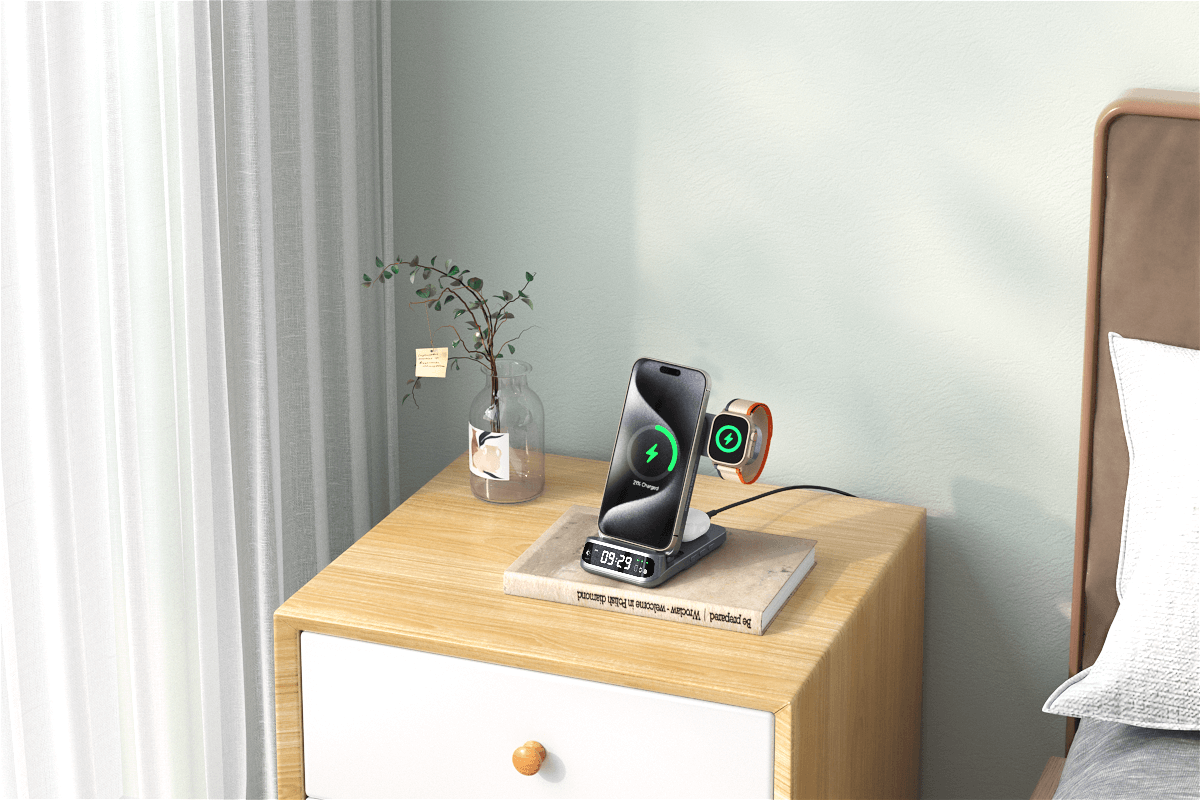 The SwanScout 708M is a 3-in-1 wireless charging station that offers magnetic support for multiple devices, all within a sleek and elegant design that complements any setting. Its foldable and portable build makes it convenient for travel, while the integrated clock display adds a touch of both practicality and style. The high-end curved design, featuring smooth and defined lines, enhances its overall appeal, blending functionality with aesthetics.