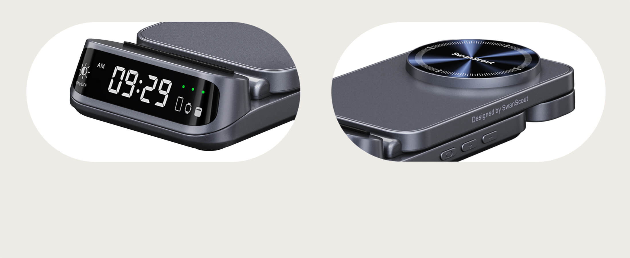 SwanScout 708SM LED clock with touch brightness control, finished with metallic paint and UV optical texture.