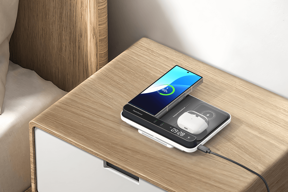 A 3 in 1 wireless charging station for Samsung supports Galaxy phones, watches, and earbuds, eliminating cable clutter.