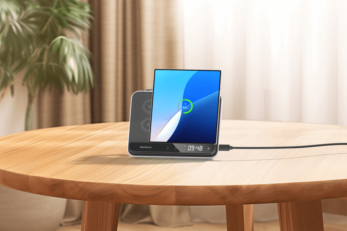 A Samsung phone and watch charging station keeps both devices powered up and ready for daily use.A Samsung phone and watch charging station keeps both devices powered up and ready for daily use.