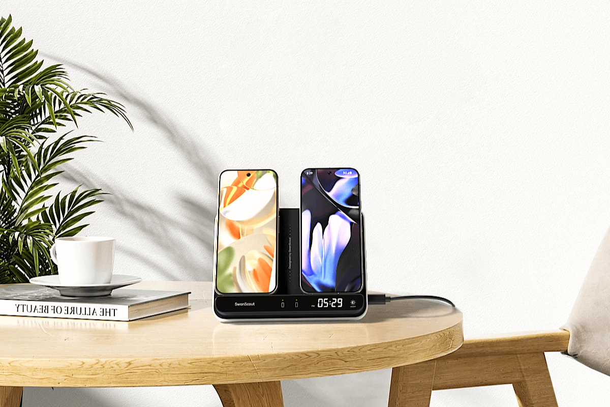 An iPhone charger station accommodates multiple Apple devices, making it easy to charge an iPhone, Apple Watch, and AirPods in one place.