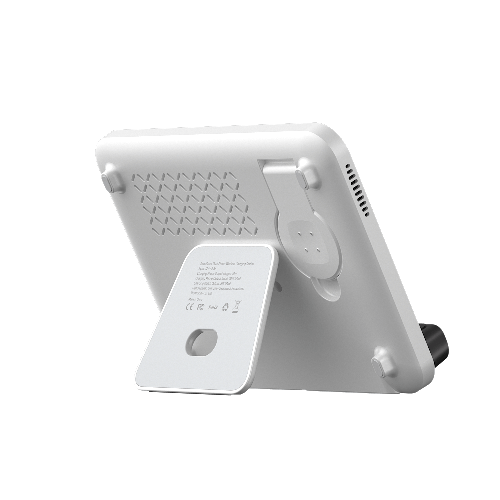 A dual phone charging station allows two smartphones to charge simultaneously, reducing clutter and maximizing convenience.