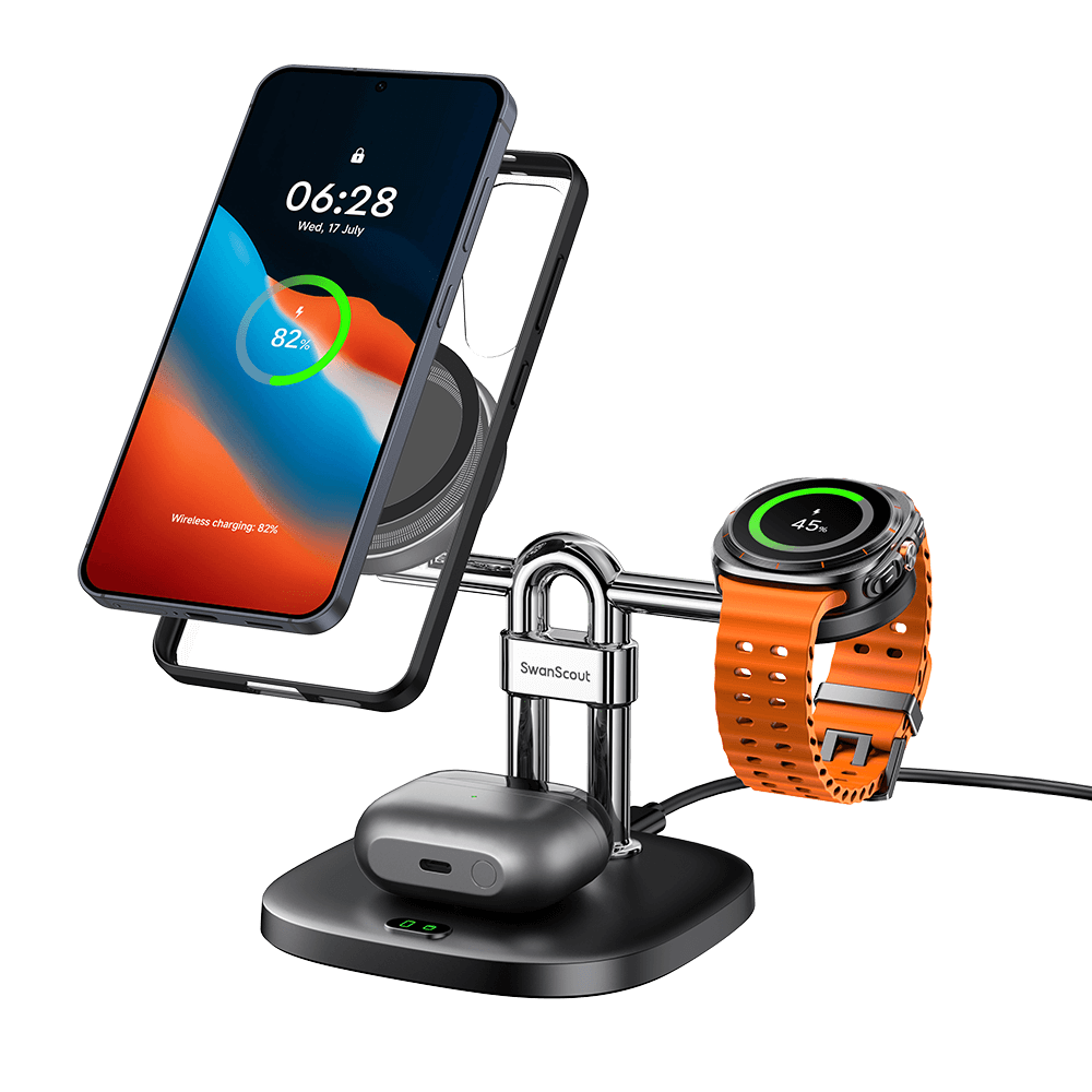 SwanScout 712SM – Estação de carregamento sem fio magnética 3 em 1 para Samsung