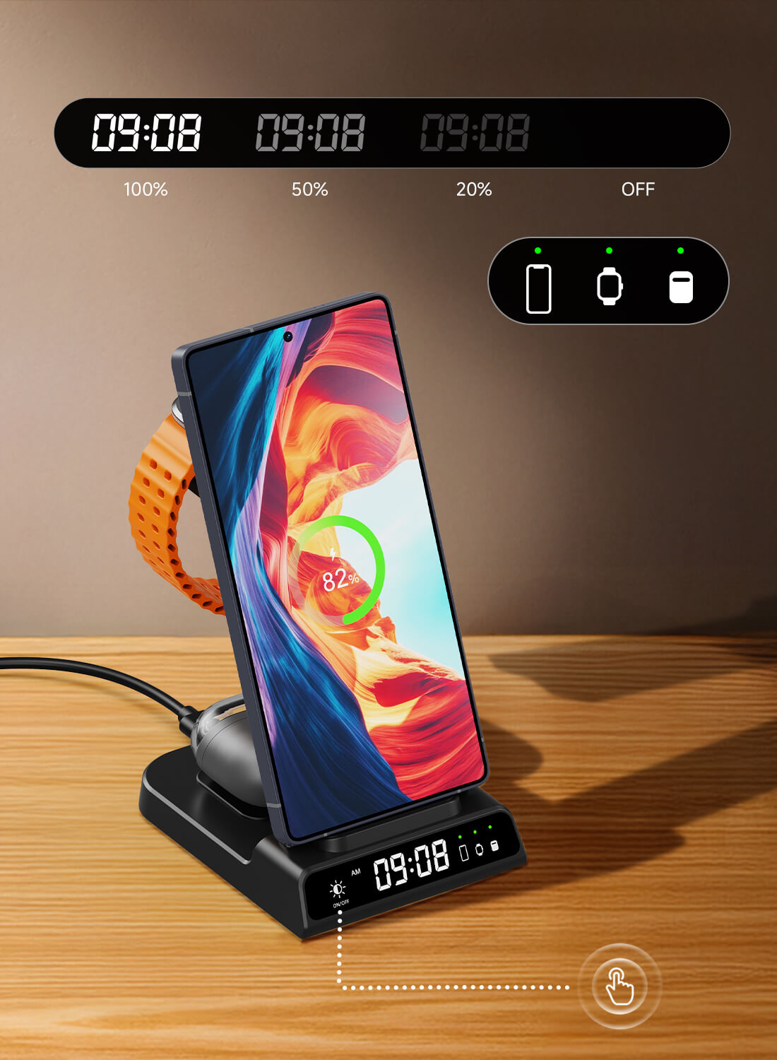 As a refined wireless charging station, the SwanScout C01 supports phones, watches, and earbuds at once.