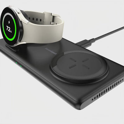 SwanScout 502S | 2 In 1 Foldable Wireless Charging Pad is designed for Samsung Watch and Samsung Headphones users, offering a seamless charging experience for multiple devices. With a non-slip base, fast charging technology, and a gravity structure design, it ensures stability, compatibility, and convenience in travel and storage.