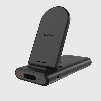 Charging Station for Apple Devices: Portable Design with 3 in 1 Power Bank and Wireless Charging Station, featuring a 10000mAh Large Capacity Battery and USB-C Port for Input and Output. The unique SwanScout 301A Charging Station is designed for portability and speed, ensuring your Apple devices are powered up wherever you go.