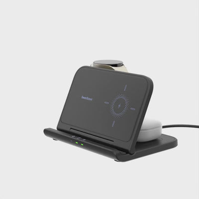 SwanScout 705S is a Three-Coil 3-in-1 Wireless Charger specially engineered to efficiently charge Samsung devices. It boasts the ability to charge multiple devices simultaneously while offering robust functionality. Additionally, its foldable and portable design enhances convenience for on-the-go usage.