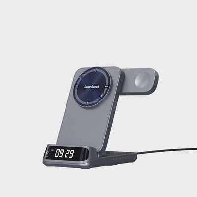 The SwanScout 708M is a 3-in-1 wireless charging station that offers magnetic support for multiple devices, all within a sleek and elegant design that complements any setting. Its foldable and portable build makes it convenient for travel, while the integrated clock display adds a touch of both practicality and style. The high-end curved design, featuring smooth and defined lines, enhances its overall appeal, blending functionality with aesthetics.