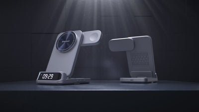 The SwanScout 708M is a 3-in-1 wireless charging station that offers magnetic support for multiple devices, all within a sleek and elegant design that complements any setting. Its foldable and portable build makes it convenient for travel, while the integrated clock display adds a touch of both practicality and style. The high-end curved design, featuring smooth and defined lines, enhances its overall appeal, blending functionality with aesthetics.