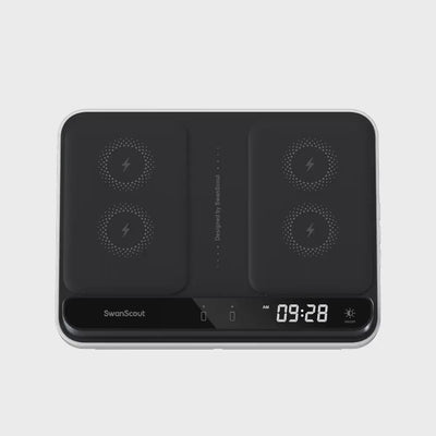 A dual wireless charger enables simultaneous charging of a smartphone and a smartwatch, reducing the need for multiple adapters.