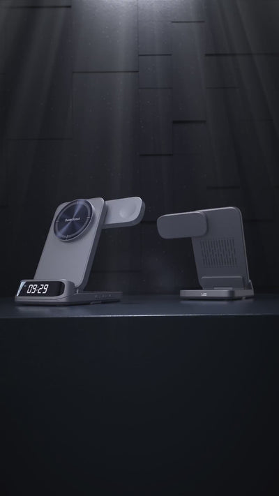 The SwanScout 708M is a 3-in-1 wireless charging station that offers magnetic support for multiple devices, all within a sleek and elegant design that complements any setting. Its foldable and portable build makes it convenient for travel, while the integrated clock display adds a touch of both practicality and style. The high-end curved design, featuring smooth and defined lines, enhances its overall appeal, blending functionality with aesthetics.