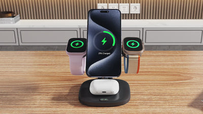 The SwanScout 709M is a 4-in-1 Foldable Wireless Charging Station for Apple devices, featuring magnetic alignment for precise positioning. It offers simultaneous charging for multiple devices, includes status indicators for real-time updates, and boasts an elegant design that fits seamlessly in any space.