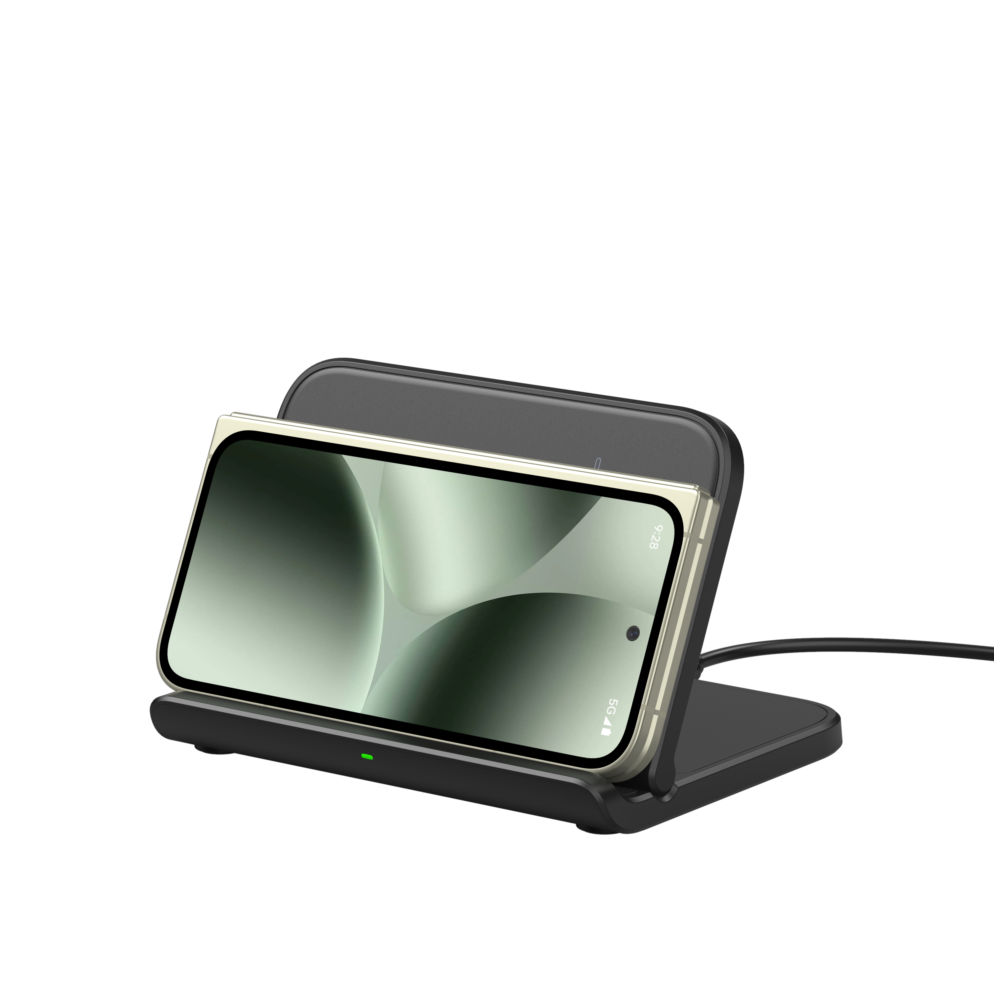 SwanScout 503G wireless charging pad for Pixel Fold and Pixel 9 Pro Fold, shown with phone folded horizontally.