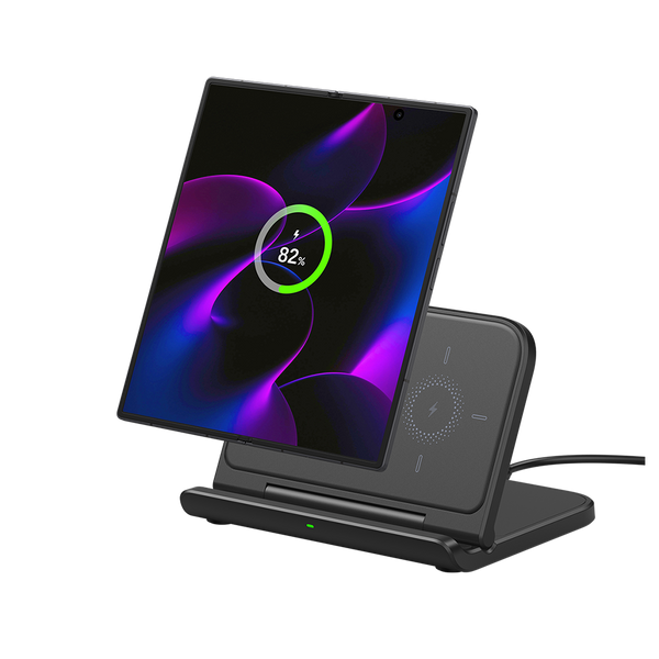 SwanScout 503S wireless charging pad for Galaxy Z Fold with unfolded phone, showcasing sleek design and charging surface.