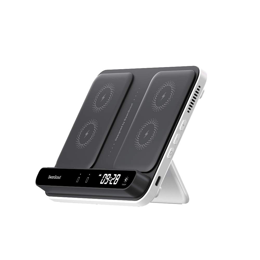 Wireless charger for Samsung Galaxy Z Fold by SwanScout, featuring sleek design and compatible with multiple devices.