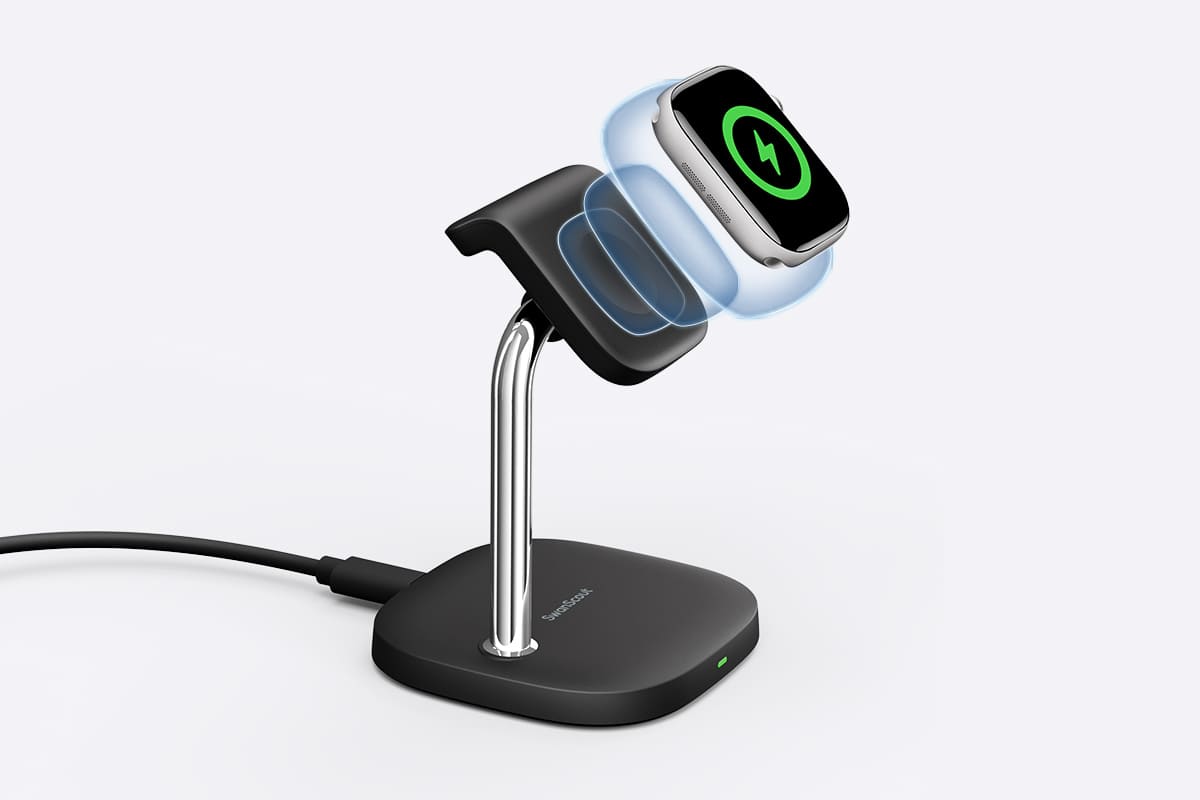 Strong magnetic alignment securely positions the Apple Watch for charging on the SwanScout 505A