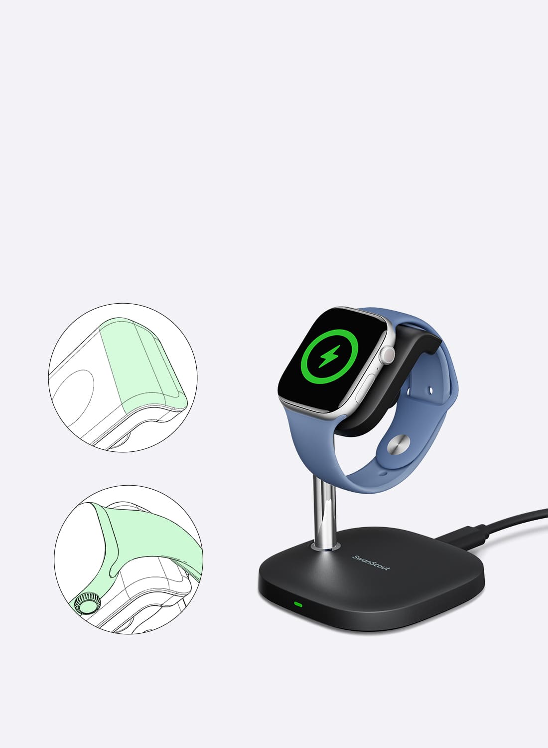 Watch band support design for stable wobble-free charging on the SwanScout 505A