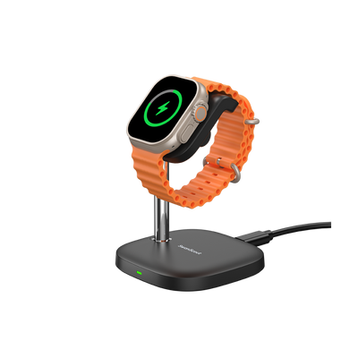 SwanScout 505A charging stand for Apple Watch Series 10, sleek black design with fast charging capability for Apple smartwatch.