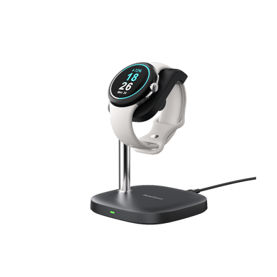 SwanScout 505G2 charging stand for Pixel Watch 2 and 3, vertical view showing sleek black design and charging dock.