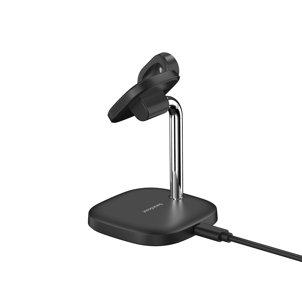 Rear angle view of SwanScout 505G4 charger stand for Google Pixel Watch 4 smartwatch charging