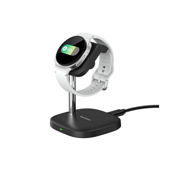 SwanScout 505S wireless charger stand for Samsung Galaxy Watch 8 and Ultra, featuring a vertical design for easy viewing while charging