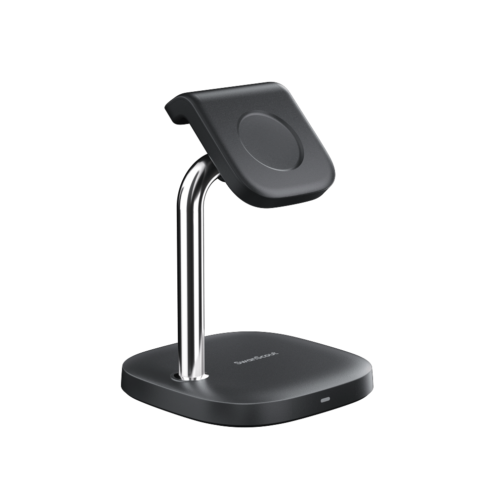 SwanScout 505S charging stand for Samsung Watch, shown from the left side, with a sleek design and port for easy charging.
