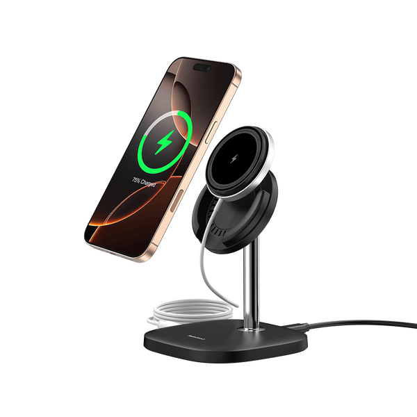 SwanScout 506M magnetic wireless charger powering an iPhone 17 Pro, featuring a detachable pad and an elegant aluminum-alloy stand
