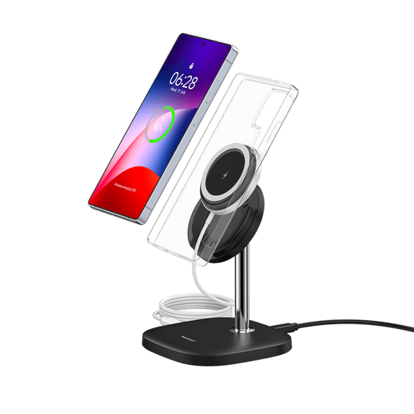 SwanScout 506SM magnetic wireless charger stand for Samsung Galaxy S25 Ultra, featuring a detachable design and sleek stand.