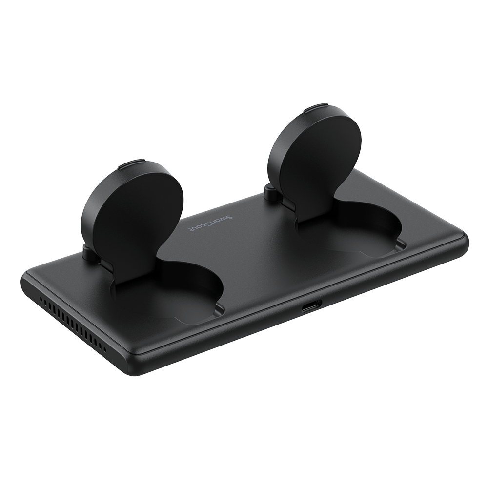 SwanScout 507DS dual Samsung Galaxy Watch charger dock with sturdy design and rear view showing charging ports.
