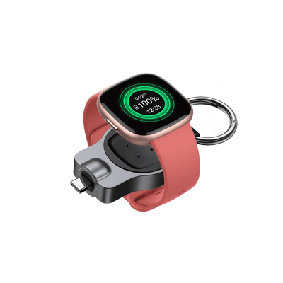 Portable USB-C charger for Google Pixel Watch 2 and 3 and Fitbit Versa left front view SwanScout 510G2